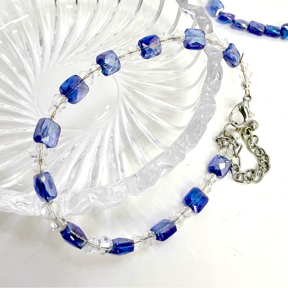 SOLD** koreanna AB Cushion Cut Blue Glass Beaded Necklace bracelet & earrings - Picture 3 of 9